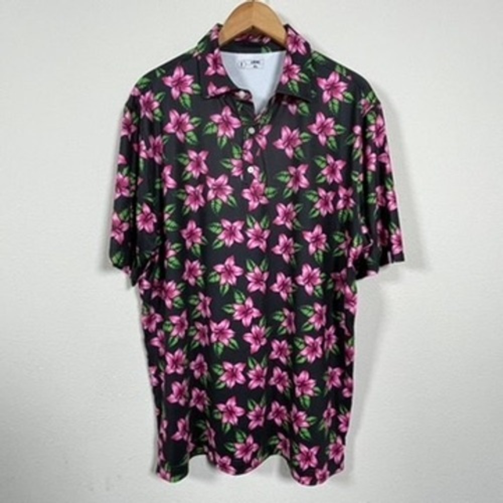 U Suck At Golf USAG Polo Shirt Mens XL Black Pink Floral Bold Performance